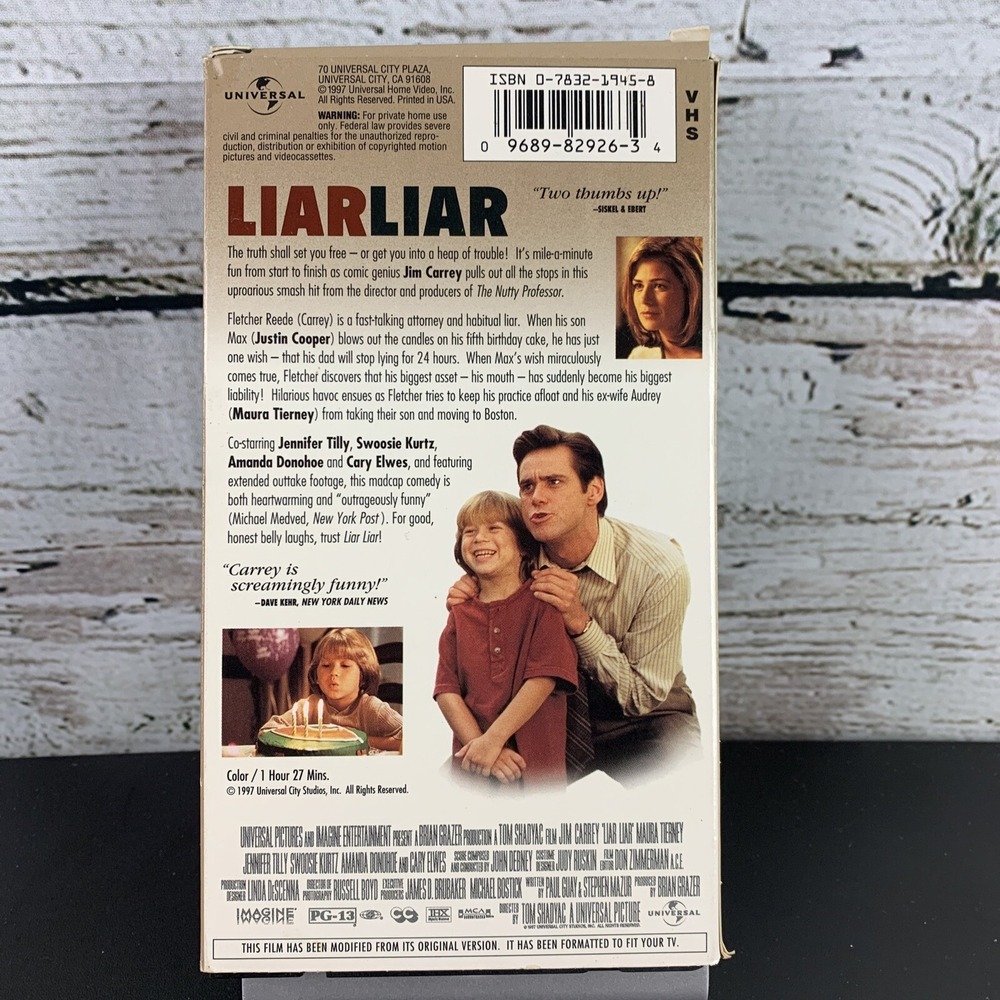 Liar Liar (VHS Tape, 1997) Jim Carrey, Tilly, Kurtz, Donohue Movie Universal - Picture 2 of 4